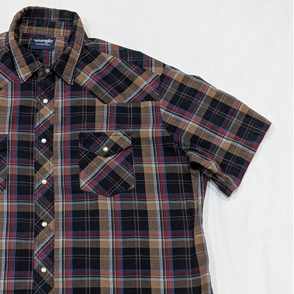 Wrangler Western Shirts Mens XXL Brown Plaid Pearl Snap Short Sleeve 76204PP